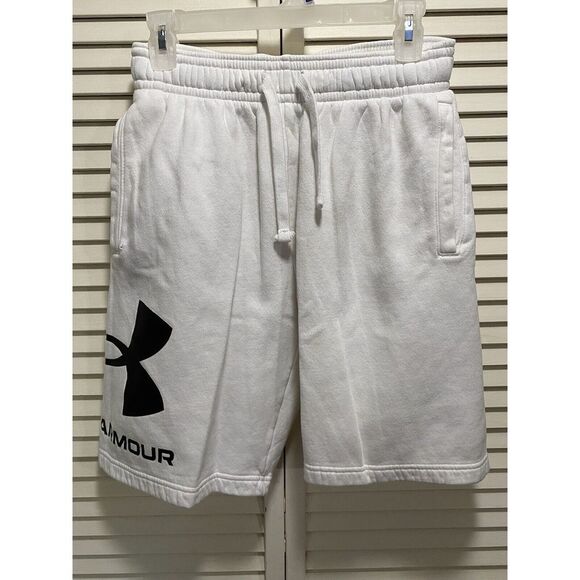 Under Armour White Cotton Long Short‎ Elastic Tie Waist Logo Athletic Size M - Picture 1 of 6
